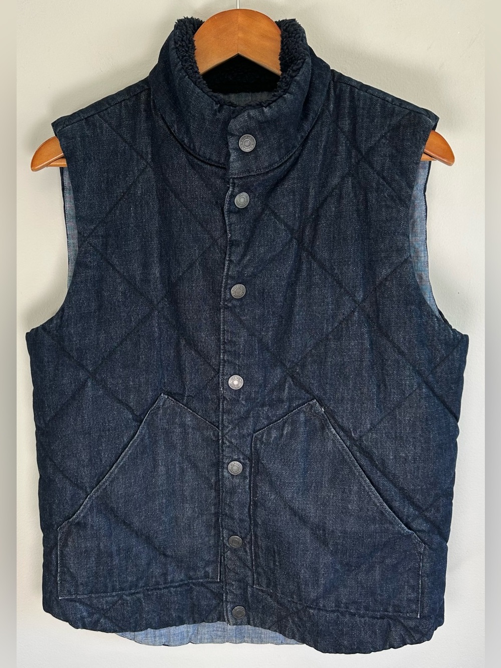 Gap 1969 Denim Puffer Vest Mens S Dark Blue Quilted Sherpa Collar Unisex Style